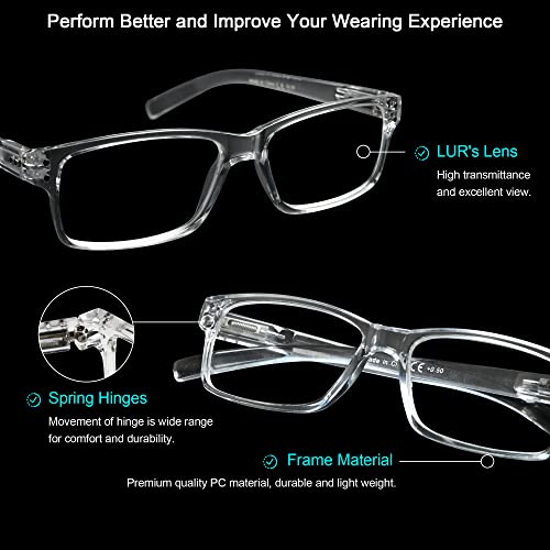 LUR READING GLASSES 6 Pack Spring Hinge Comfort Plastic Readers (Clear)