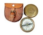 Vintage Brass Pocket Compass with Leather Case