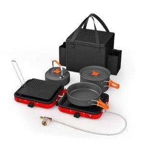 Portable 2 Burner Camping Stove Set with Cookware