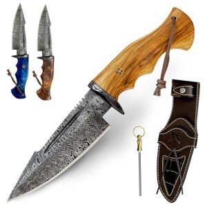 Damascus Fixed Blade Knife with Holster for Outdoors