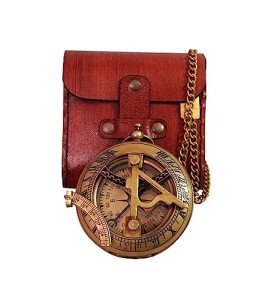 Vintage Brass Sundial Compass with Leather Case