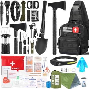 Survival Kit, 268 Pcs Emergency Survival Gear and Equipment Supplies with First Aid Kit, Camping Axe, Headlamp, Tent, Crossbody Bag for Camping Hiking, Hunting, Car, Gift for Christmas Men, Dads, Him