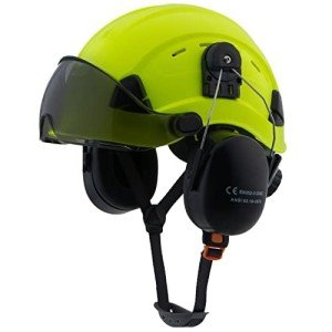 LOHASWORK ANSI Z89.1 Hard Hat with Visor and Ear Protection,OSHA Arborist Helmet Hard Hat Ear Muffs Visor for Chainsaw Forestry Construction Tree Work(A91 Lime+Tinted Visor+Earmuff)