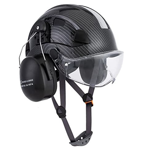 LOHASPRO Arborist Forestry Helmet Safety Hard Hat with Visor and Ear Muffs Carbon Fiber Hard Hat for Logging Chainsaw Helmet Mowing(Black Graphite Pattern with Clear Visor+Earmuffs)