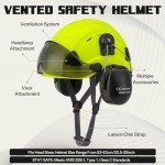 LOHASWORK ANSI Z89.1 Hard Hat with Visor and Ear Protection,OSHA Arborist Helmet Hard Hat Ear Muffs Visor for Chainsaw Forestry Construction Tree Work(A91 Lime+Tinted Visor+Earmuff)