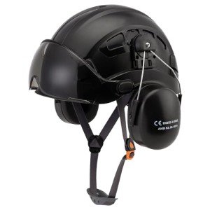 Hard Hats Construction Safety Helmet, LOHASTAR Vented ANSI Z89.1 Approved Work Helmet for Forestry Chainsaw Arborist Logging Helmet(A2 Black Smoked Visor+Earmuff)