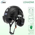 Hard Hats Construction Safety Helmet, LOHASTAR Vented ANSI Z89.1 Approved Work Helmet for Forestry Chainsaw Arborist Logging Helmet(A2 Black Smoked Visor+Earmuff)