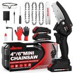 Gardtech Mini Chainsaw Cordless 4&6 ", Battery Powered Chain Saw Handheld Chainsaws with 2023 Upgraded 4 Chains 2 Batteries Good for Olders, DIYer, Gardeners Continuously 2 Hours Work