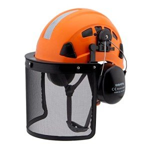 UNINONA Forestry Safety Helmet with Face Shield and Ear Muffs Chainsaw Helmet Forestry Garden Mowing Logging Arborist Tree Cutting Tree Climbing Work OSHA Hard Hats(S92 Orange+Earmuff+Shiled)
