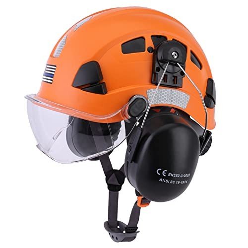 LOHASTAR Safety Helmet Hard Hat with Visor and Hearing Protection Vented ANSI Z89.1 Approved Work Helmet for Forestry Chainsaw Arborist Logging Helmet(Orange+Clear Visor+Earmuff)