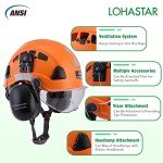 LOHASTAR Safety Helmet Hard Hat with Visor and Hearing Protection Vented ANSI Z89.1 Approved Work Helmet for Forestry Chainsaw Arborist Logging Helmet(Orange+Clear Visor+Earmuff)