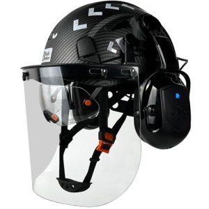 SAFEBUILDER Forestry Chainsaw Tree Work Safety Helmet Vented Hard Hats w/Visor Bluetooth Ear Muffs Face Shield Outdoor Hardhats Vented ANSI Z89.1 (Matte Black Hat+ICV+BTE+Clear Face Shield)