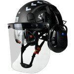 SAFEBUILDER Forestry Chainsaw Tree Work Safety Helmet Vented Hard Hats w/Visor Bluetooth Ear Muffs Face Shield Outdoor Hardhats Vented ANSI Z89.1 (Matte Black Hat+ICV+BTE+Clear Face Shield)