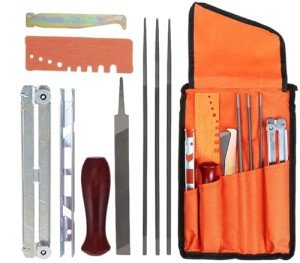 MEEIHUI 10 Piece Universal Chainsaw Sharpening Kit, Chainsaw Chain Sharpener with 5/32" (4 mm) 3/16" (4.8 mm) and 7/32" (5.5 mm) Round Files, Flat File, Depth Gauge, Filing Guide Holder, Handle.