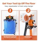 OSROENE Backpack Leaf Blower Hanger, 1 Pack Backpack Sprayer Wall Mount, Heary Duty Chainsaw Wall Mount Stand Accessories Garage Organization Storage