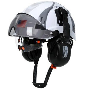 Aolamegs Safe Hard Hat with Dual Visor and Hearing Protection-OSHA Approved Construction Hard Hats with Visor Sunglasses Earmuffs for Men,Vented Forestry Chainsaw Arborist Helmet with Chin Straps