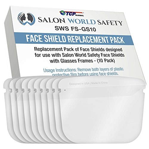 TCP Global Salon World Safety Replacement Face Shields Only (Pack of 10), Glasses Frames Not Included – Fits Most Brands, Ultra Clear, Full Face, Protect Eyes Nose Mouth, Anti-Fog PET Plastic, Goggles