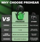 PROHEAR 038 Ear Protection Safety Earmuffs for Mowing, 28dB Noise Reduction Passive Hearing Protector, Compact Foldable Headset for Shooting Construction Power Tools, Green