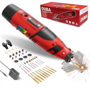 OUBA Cordless Chainsaw Sharpener with 12v Battery, Electric Chainsaw Sharpener Tool with 54 PCS Sharpener Accessories, High Speed Chainsaw Chain Sharpener Kit with Titanium Plated Diamond Bits