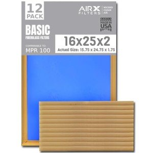 16x25x2 Air Filter Comparable to MPR 100 Basic Economy Furnace Filters, 12 Pack of Non Pleated Fiberglass Filter For Dust - Low Airflow Restriction! From AIRX FILTERS WICKED CLEAN AIR.