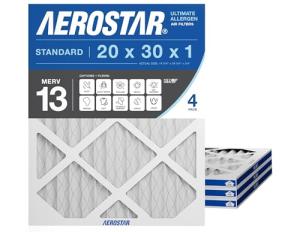 Aerostar 20x30x1 MERV 13 Air Filter, 4 Pack Set of HVAC Furnace Filters, Electrostatic MPR 1500-1900 & FPR 10 (Actual Size: 19 3/4 x 29 3/4 x 3/4 inches)