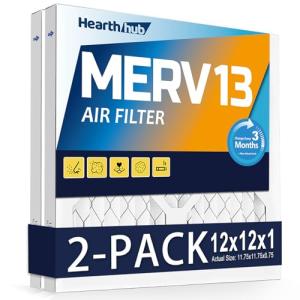 Hearthhub 12×12×1 MERV 13 Furnace Air Filters - HVAC/Furnace AC Filter Replacement (Actual Size 11.75x11.75x0.75) - Pleated Dust Defense Air Conditioner Filters for Home Office (2 Pack)