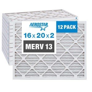 Aerostar 16x20x2 MERV 13 Pleated Air Filter, AC Furnace Air Filter, 12 Pack (Actual Size: 15 1/2" x 19 1/2" x 1 3/4")