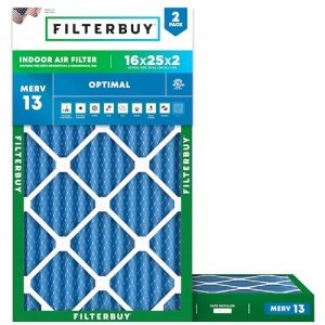 Filterbuy 16x25x2 Air Filter MERV 13 Optimal Defense (2-Pack), Pleated HVAC AC Furnace Air Filters Replacement (Actual Size: 15.50 x 24.50 x 1.75 Inches)
