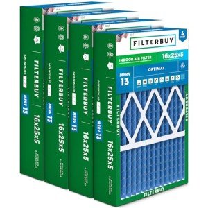 Filterbuy 16x25x5 Air Filter MERV 13 Optimal Defense (4-Pack), Pleated HVAC AC Furnace Air Filters for Honeywell FC100A1029, Lennox X6670, Carrier, Bryant, & More (Actual Size: 15.75 x 24.75 x 4.38)