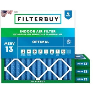 Filterbuy 16x16x2 Air Filter MERV 13 Optimal Defense (4-Pack), Pleated HVAC AC Furnace Air Filters Replacement (Actual Size: 15.50 x 15.50 x 1.75 Inches)