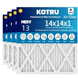 KOTRU Air Filter14x14x1 MERV 13 (4-Pack) Electrostatic Pleated Air Filter for Residential Air Conditioners, Fireplaces, and HVAC Air Filters Replacement (Actual Size: 13.75 x 13.75 x 0.75 inches)