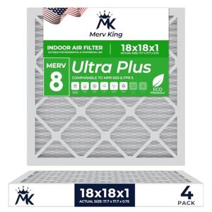 MervKing 18x18x1 Air Filter Actual Size: 17.7" x 17.7" x 0.75" MERV 8 MPR 600-700 | MADE IN USA | 4-Pack | Pleated HVAC AC Furnace Replacement