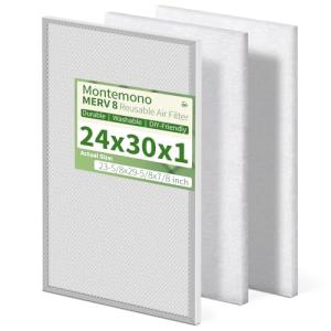 Montemono 24x30x1 Reusable Air Filter MERV 8 Washable Furnace & AC Filter with 2 Extra Media Pads, Aluminum Electrostatic Air Filters for Home, Fits HVAC System, Air Conditioner, Air Handler