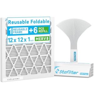 Stafilter Reusable 12x12x1 Air Filter (MERV 8), 1 Foldable Frame + 6 Refills (Not Individual Filters), Greener HVAC AC Furnace Air Filters MPR 700&FPR 5(Actual Size:11.75"x11.75"x0.75")