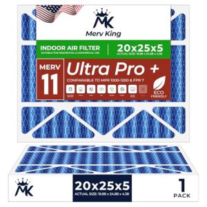 MervKing 20x25x5 Air Filter Actual Size: 19.88" x 24.88" x 4.38" MERV 11 MPR 1000-1200 | MADE IN USA | 1-Pack | Pleated HVAC AC Furnace Replacement
