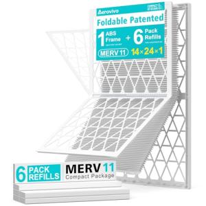 AErovivo 14x24x1 Refillable Air Filter Kit, MERV 11, 1 Reusable Foldable Frame ＆ 6 Refills, Fits Most AC HVAC Furnace Devices, Actual Size 13.75x23.75x0.75in