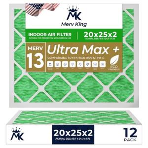 MervKing 20x25x2 Air Filter Actual Size: 19.7" x 24.7" x 1.75" MERV 13 MPR 1500-1900 | MADE IN USA | 12-Pack | Pleated HVAC AC Furnace Replacement