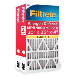 Filtrete 20x25x4 (SlimFit) AC Furnace Air Filter, MPR 1000, MERV 11, Allergen Defense, Electrostatic Air Cleaning Filter, 2-Pack (actual size 19.75 x 24.5 x 3.75 in)