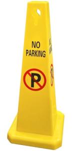 Yellow No Parking Sign with Four-Sided Traffic Cone
