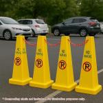 Yellow No Parking Sign with Four-Sided Traffic Cone