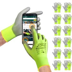 Hi-Vis Green PU Coated Work Gloves - 12 Pairs