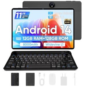 Android 14 Tablet, 2024 Newest 11 inch Android Tablets,12GB+128GB+1TB Expand, Support Face Unlock+18W Fast Charging, Octa-Core Tablet PC, WiFi6, Dual Camera,8000mAh Battery, 2in1 Tablet with Keyboard