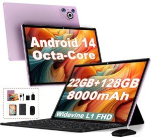 Dghrti Tablet 2024 Android 14 Tablets 10 Inch, 22GB RAM + 128GB ROM, 2 in 1 Tablet with Keyboard, Powerful Octa-Core 2.0Ghz, 8000mAh Battery, FHD IPS Display Tablet PC-Violet