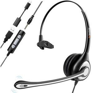 Headset wtih Mic, USB Headset with Microphone for PC, Computer Headset with Noise Canceling Microphone for Laptop, Wired Headset with Mute for Home Office Online Skype Zoom Meetings