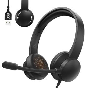 Masajoy USB Headset with Microphone for PC, Wired Headphones with Mic USB Headset with Noise Cancelling Microphone, Computer Headset with Microphone for Home Office Online Class Teams Skype（Black）