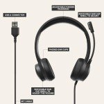Masajoy USB Headset with Microphone for PC, Wired Headphones with Mic USB Headset with Noise Cancelling Microphone, Computer Headset with Microphone for Home Office Online Class Teams Skype（Black）