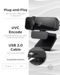 Lenovo Essential Full HD 1080P Webcam, Dual Microphone, No Driver 1.8m USB 2.0, Wide-Angle, Tilt-Control, 360-Degree Rotation, Black