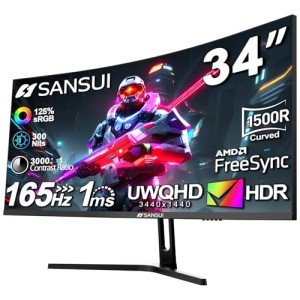 SANSUI 34-Inch Curved Gaming Monitor UWQHD 3440 x 1440 165Hz Curved 1500R - PIP/PBP, 1ms(MPRT), HDR, 300nits, sRGB 125%, DCI-P3 95%,FreeSync,HDMI2.1(TMDS) x2,DP1.4 x2(ES-G34C5 DP Cable Included)