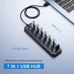 ONFINIO USB Hub 3.0, 7-Port USB Hub Splitter with Individual On/Off Switches and Lights, 3.2ft/1m Long Cable Compatible with MacBook, Laptop, Surface Pro, PS4, PC, Flash Drive, Mobile HDD