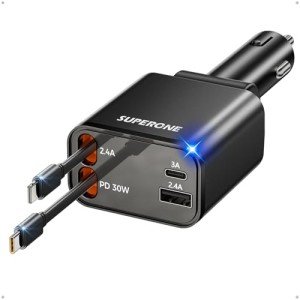 Retractable 69W Car Charger with Fast Charging Cables